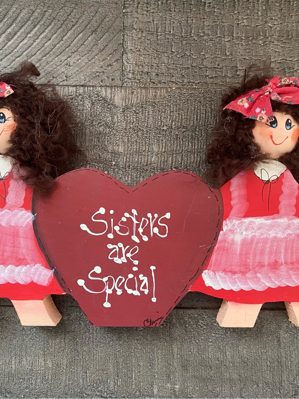 Vintage 80s “Sisters are Special” Handmade Wooden Plaque Shelf Decor Primitive